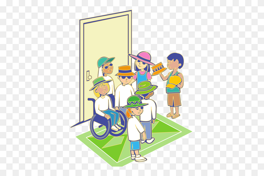 392x500 Group Of Kids With Hats In Front Of Door Vector Illustration - Group Of Kids Clipart