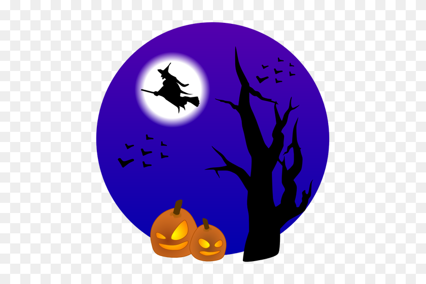 487x500 Halloween Scenery With Witch Vector Drawing - Scenery Clipart