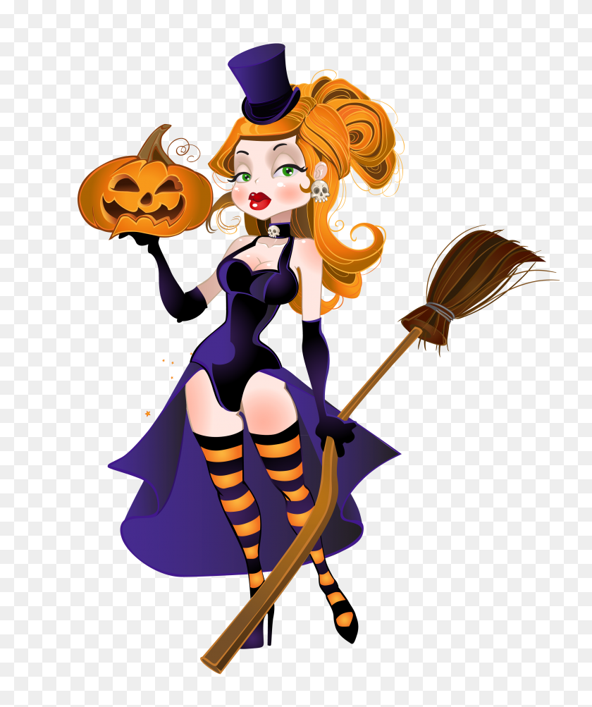 2894x3501 Halloween Witch With Broom And Pumpkin Png Gallery - Witch On A Broomstick Clipart