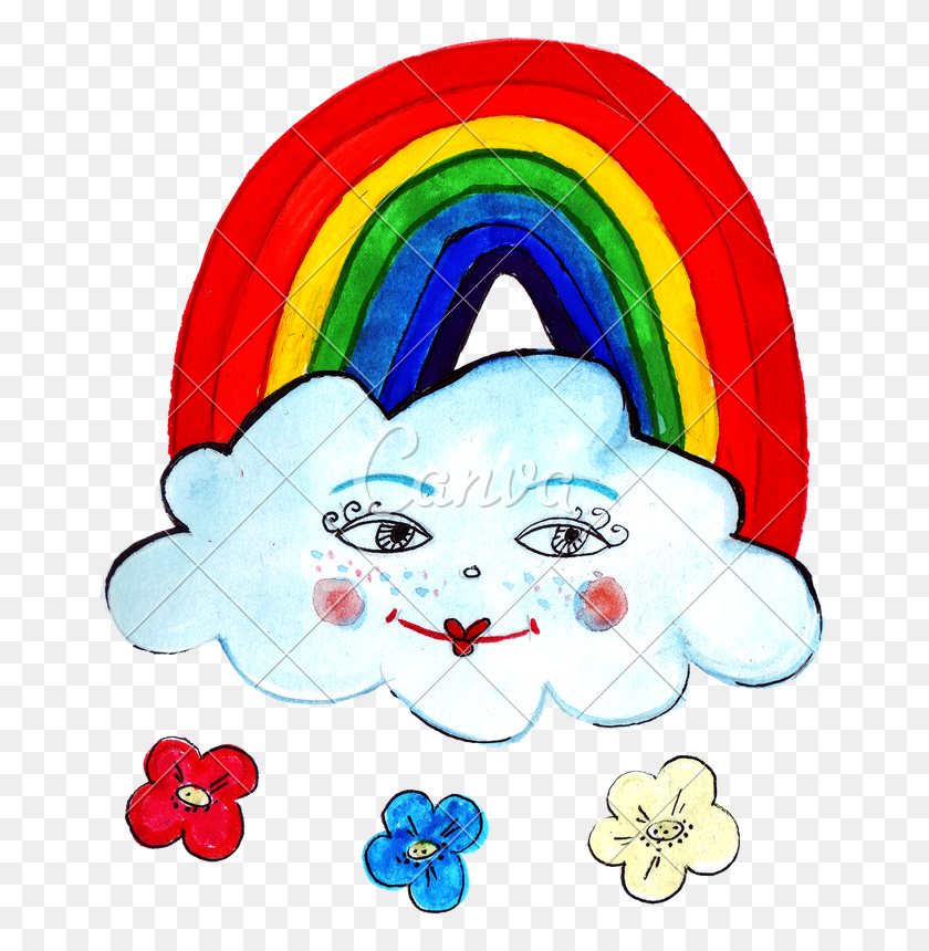 659x800 Hand Drawing Of Colorful Watercolor Rainbow And Clouds - Rainbow With Clouds Clipart