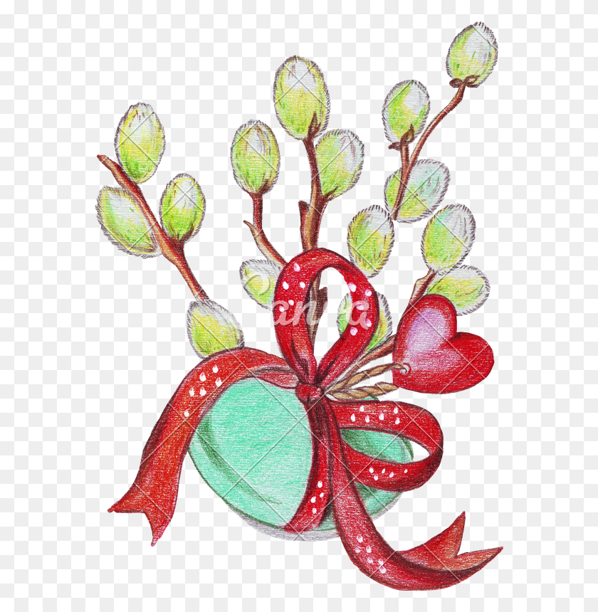 574x800 Hand Drawing Of Painted Eggs And Pussy Willow - Willow Clip Art