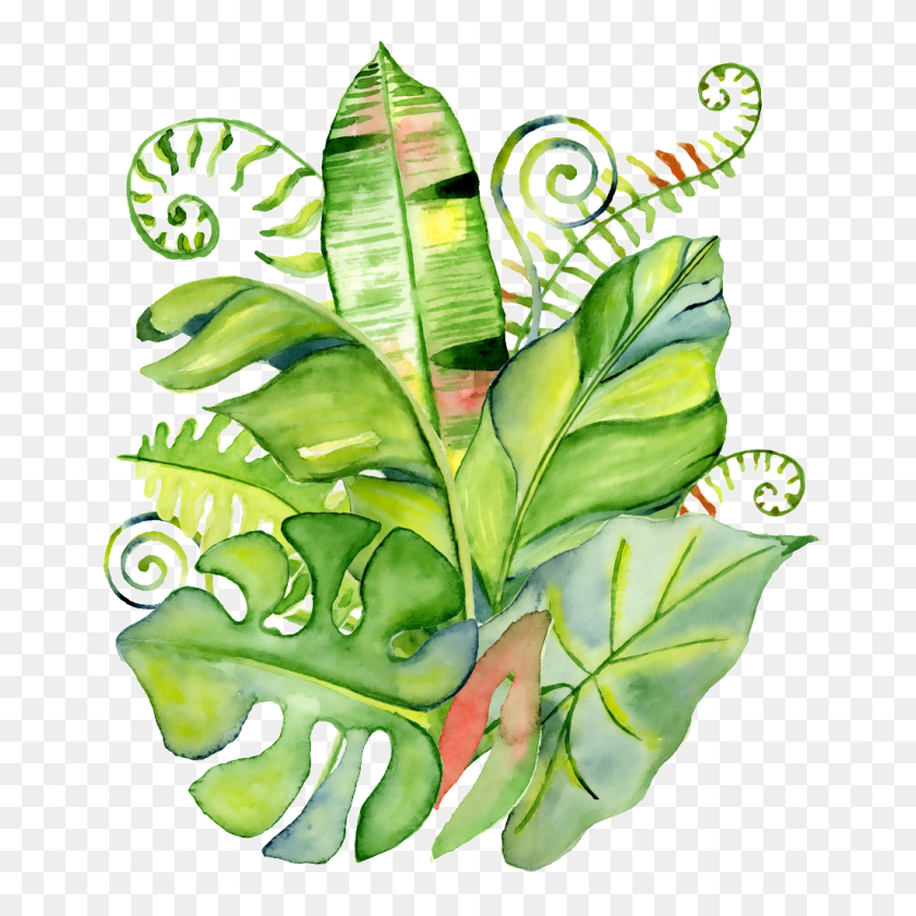 1024x1024 Hand Painted Realistic Tropical Leaves Png Transparent Free Png - Watercolor Leaves PNG