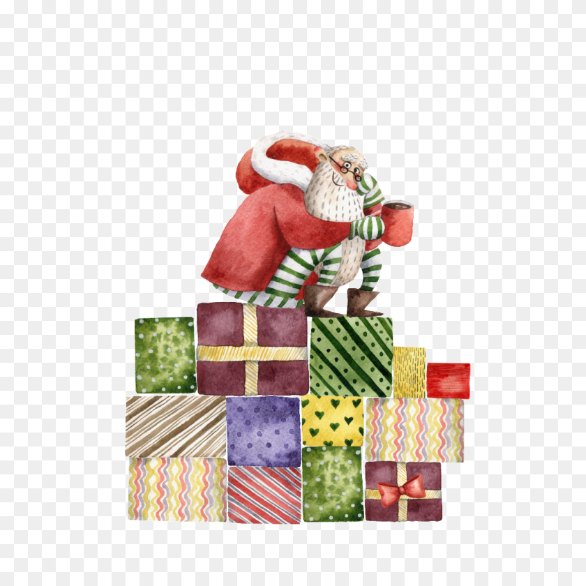 1024x1024 Hand Painted Santa Claus Png Transparent Ready To Give Gifts - Santa Claus PNG
