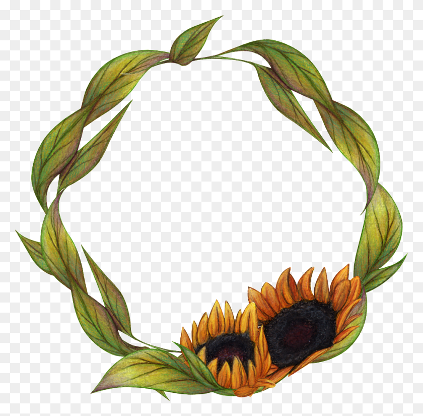 1024x1005 Hand Painted Sunflower Wreath Png Transparent Free Png Download - Sunflower PNG