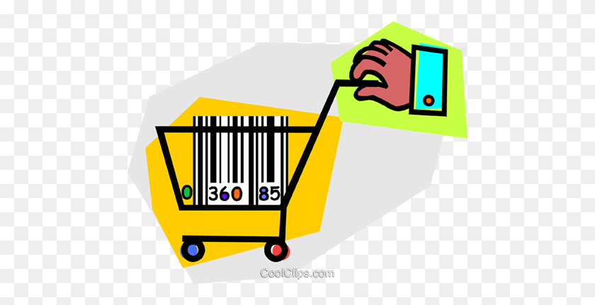480x371 Hand With Shopping Cart And Bar Code Royalty Free Vector Clip Art - Shopping Cart Clipart