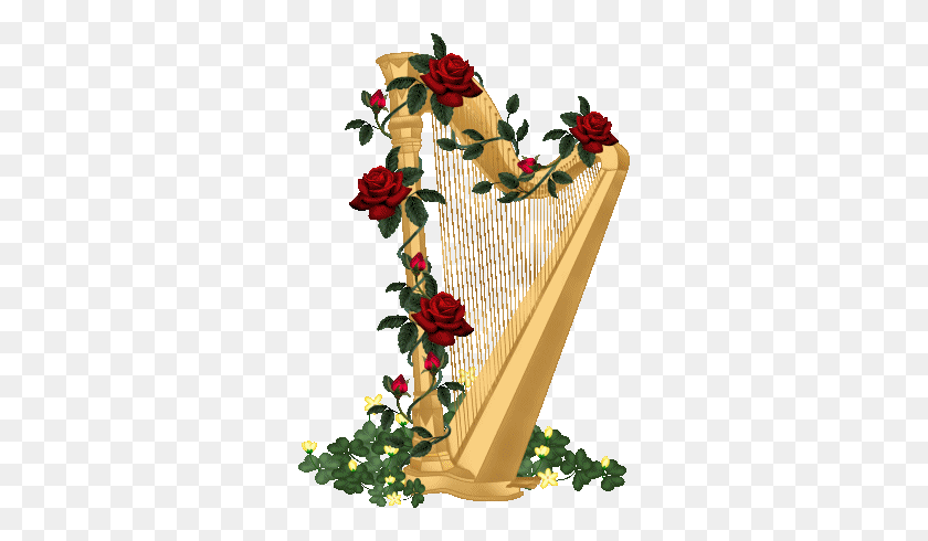 300x430 Harp With Roses - Harp Clipart