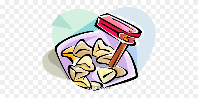 480x357 Hebrew Purim Rattle And Hamantaschen Royalty Free Vector Clip Art - Purim Clipart