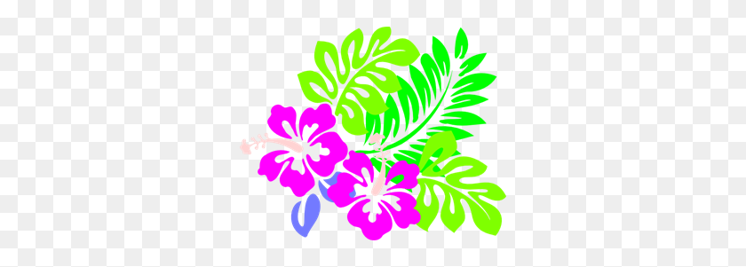 300x241 Hibiscus Hot Pink Flowers Tri Colored Green Leaves Png Clip Arts - Green Leaves PNG