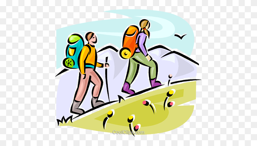 480x419 Hikers Walking Up Hill Royalty Free Vector Clip Art Illustration - Over The Hill Clipart