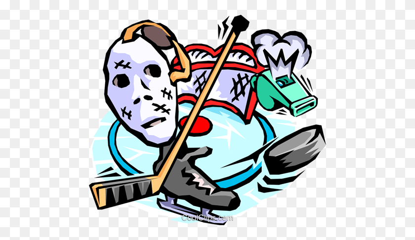 480x426 Hockey, Goalie Mask, Stick, Whistle Royalty Free Vector Clip Art - Whistle Clipart