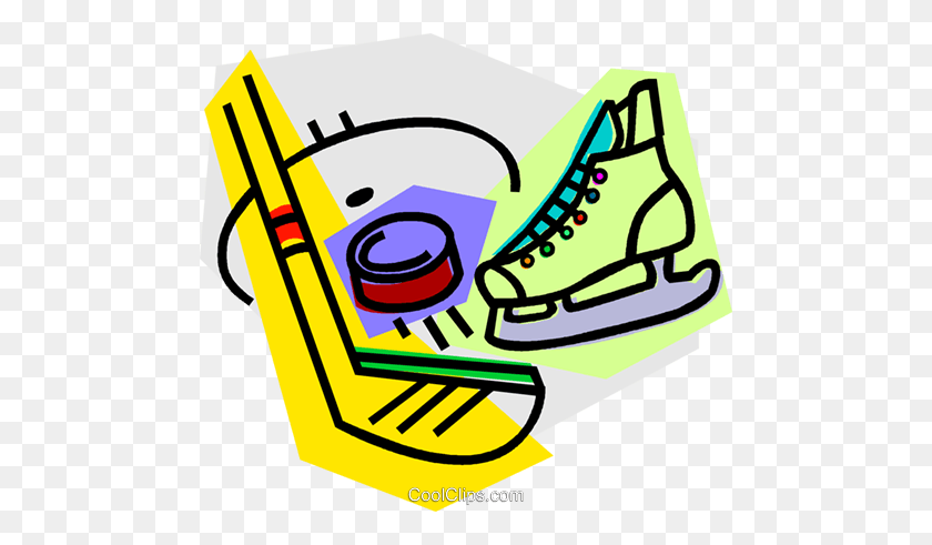 480x431 Hockey Stick With Skates And Puck Royalty Free Vector Clip Art - Hockey Puck Clipart