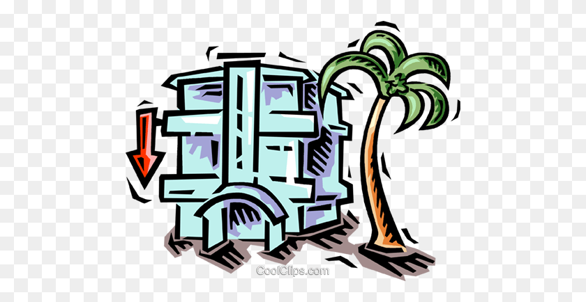 480x374 Hotel And Palm Tree Royalty Free Vector Clip Art Illustration - Hotel Clipart