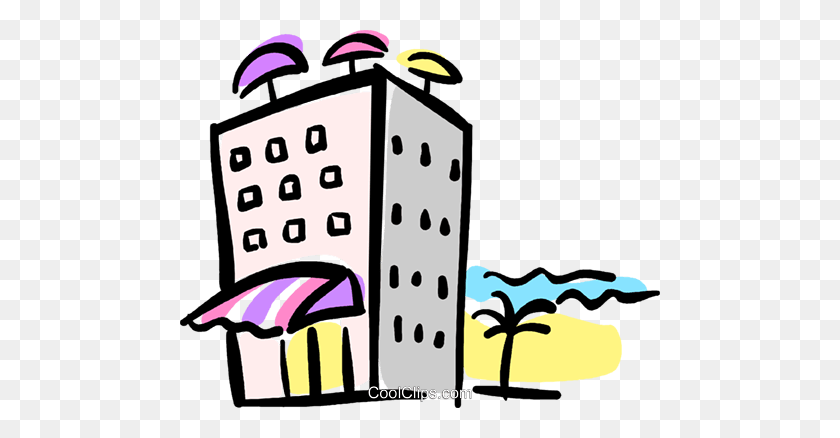 480x378 Hotel En La Playa Libre De Regalías Vector Clipart Ilustración - Hotel Clipart