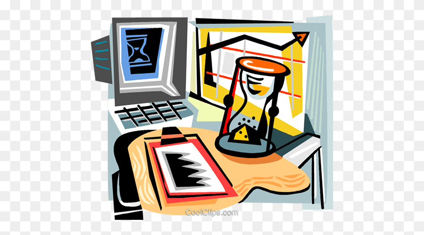 480x407 Hourglass Sitting On An Office Desk Royalty Free Vector Clip Art - Office Desk Clipart