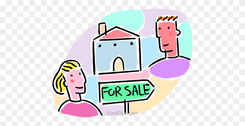 480x375 House For Sale With Man And Woman Royalty Free Vector Clip Art - For Sale Clipart