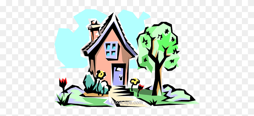 480x325 House In Spring Royalty Free Vector Clip Art Illustration - Urban Community Clipart