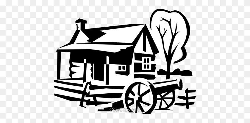 480x355 House With A Canon Royalty Free Vector Clip Art Illustration - Log Cabin Clipart Black And White