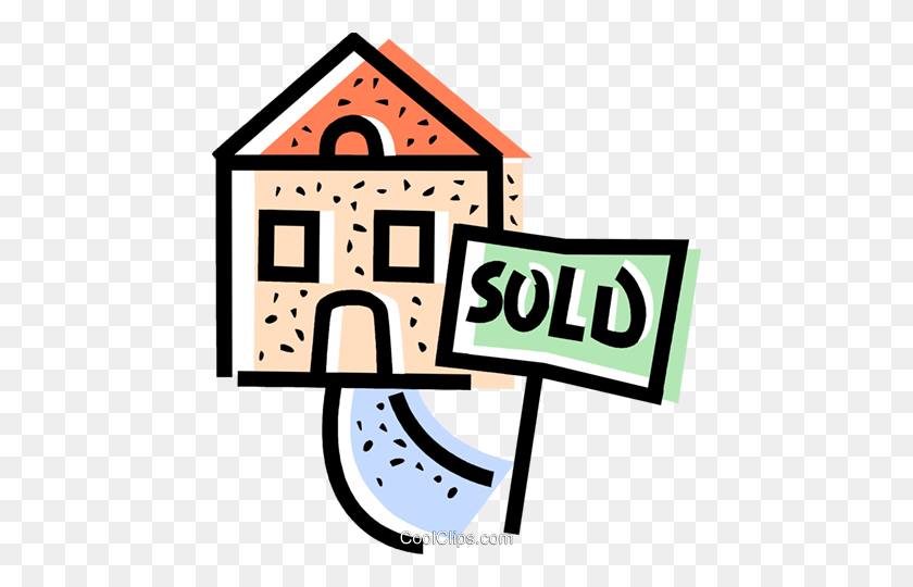 450x480 House With A Sold Sign In The Front Yard Royalty Free Vector Clip - Sold Clipart