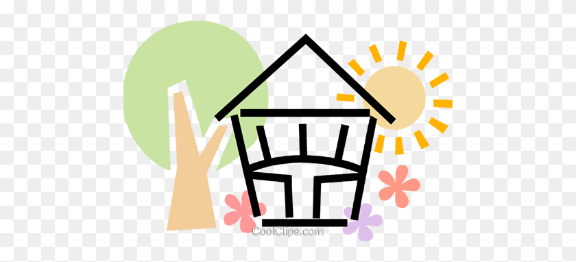 480x322 House With Tree, Flowers And The Sun Royalty Free Vector Clip Art - Tree House Clipart