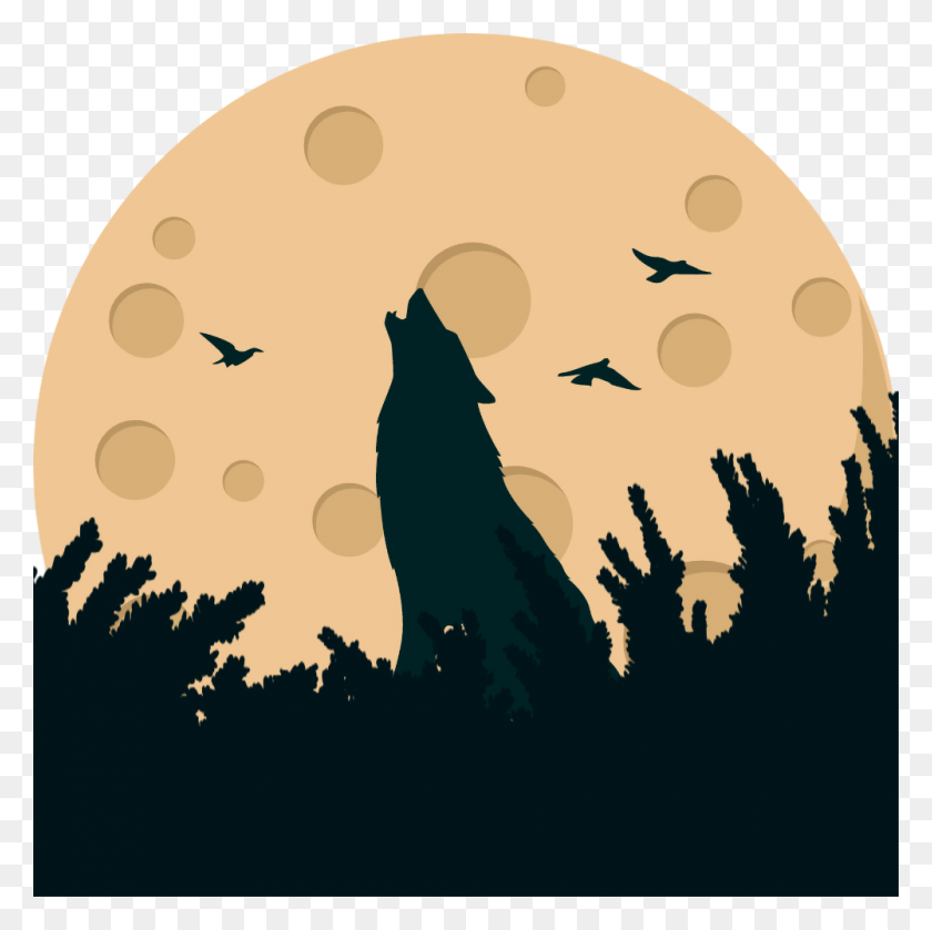 1000x1000 Howling Wolf Moon Birds Png Transparent Clipart - Moon PNG Transparent