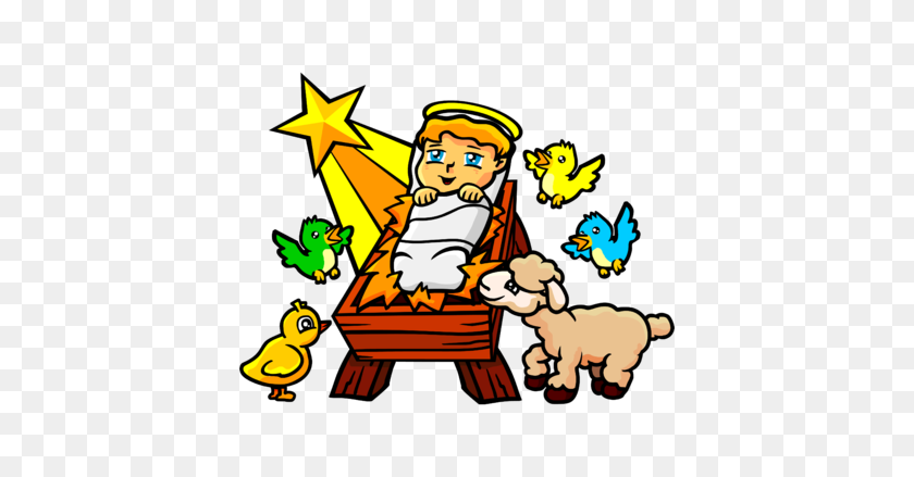 400x379 Image Baby Jesus With Birds And Lamb - Baby In A Manger Clipart