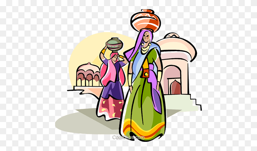 480x435 Indian Women Carrying Water Royalty Free Vector Clip Art - Water Background Clipart