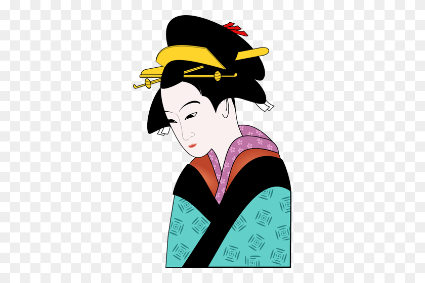 313x500 Японка В Синем Кимоно Векторное Изображение - Японская Девушка Клипарт