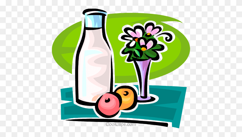 480x417 Jar Of Milk Flowers And Fruit Royalty Free Vector Clip Art - Dairy Products Clipart