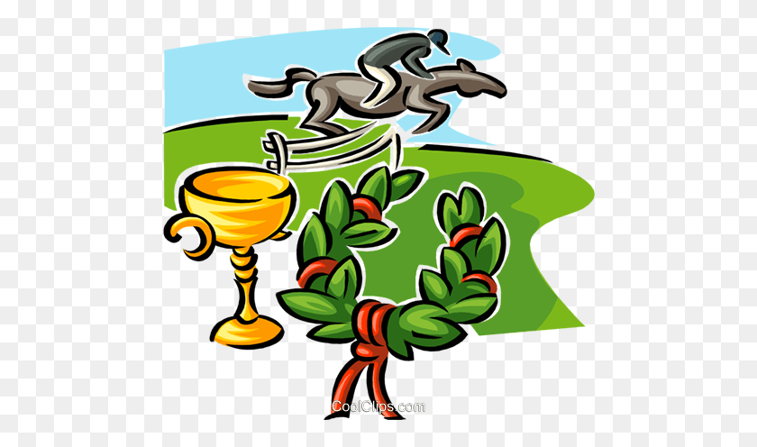 480x436 Jockey On Horse, Trophy And Wreath Royalty Free Vector Clip Art - Jockey Clipart