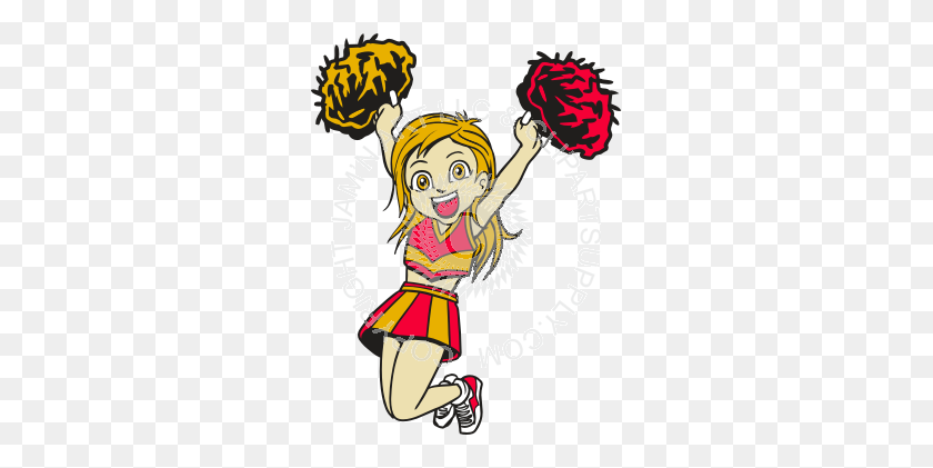 279x361 Jumping Cheerleader With Pompoms In Color - Cheer Leader Clip Art