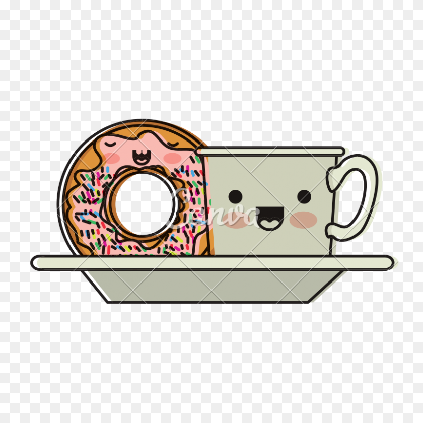 800x800 Kawaii Coffee Cup And Donut With Cream Glaze On Dish In Watercolor - Coffee Cup Silhouette PNG