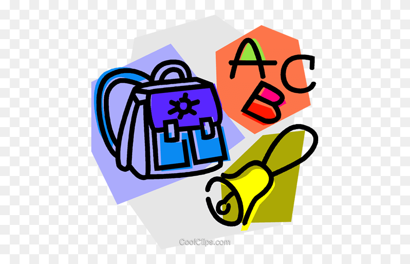 465x480 Knapsack With School Bell And Abc's Royalty Free Vector Clip Art - School Bell Clipart