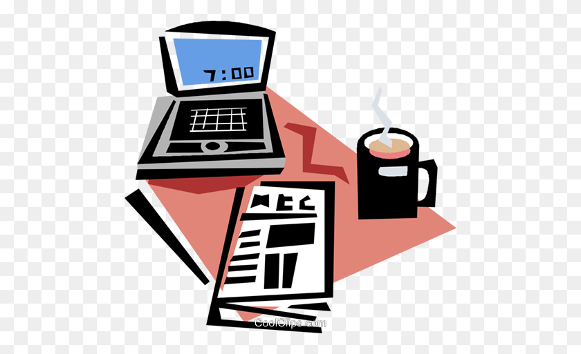 480x453 Laptop, Newspaper And Morning Coffee Royalty Free Vector Clip Art - Laptop Clipart Transparent