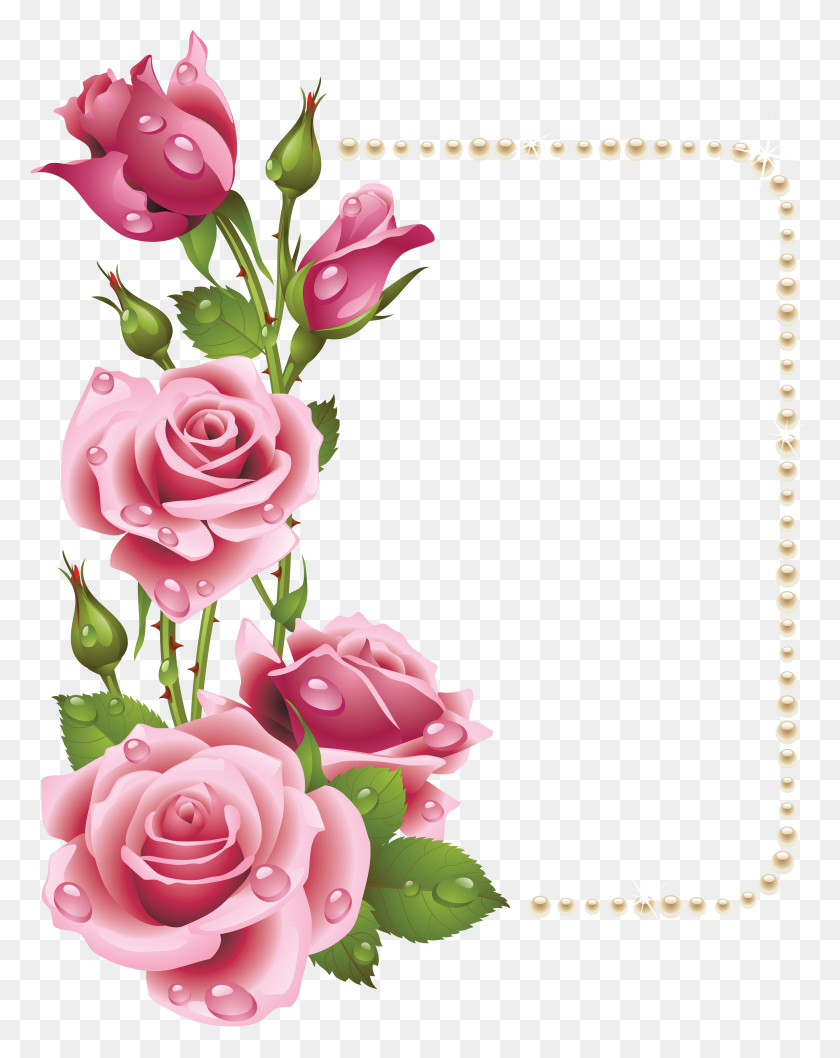 4396x5630 Marco Transparente Grande Con Borde De Flores De Rosas Y Perlas - Acuarela Rosa Clipart