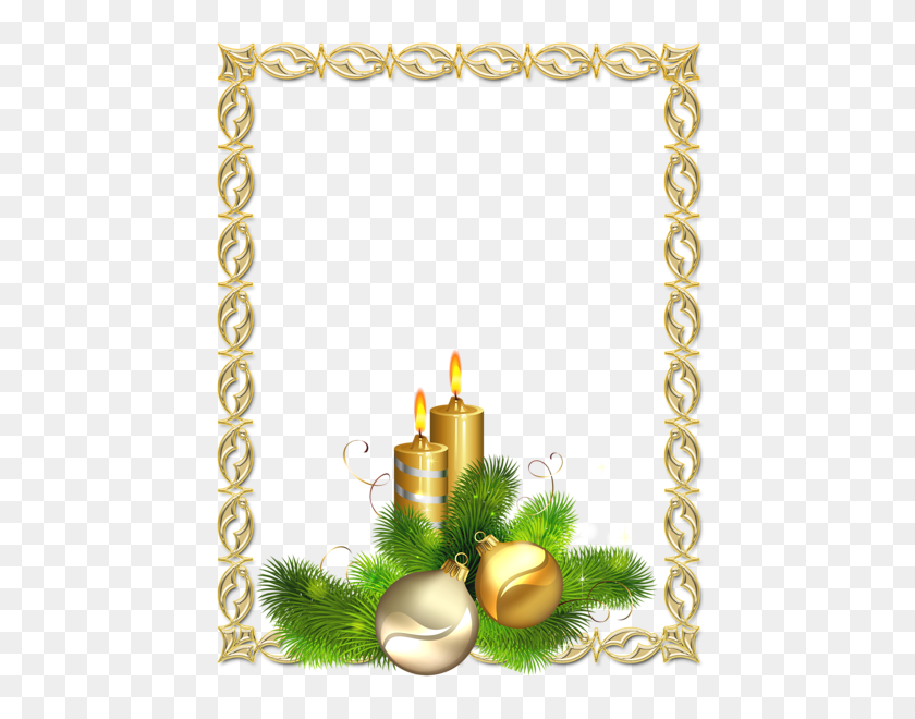458x600 Большая Прозрачная Золотая Новогодняя Фоторамка Со Свечами - Золотые Снежинки Png