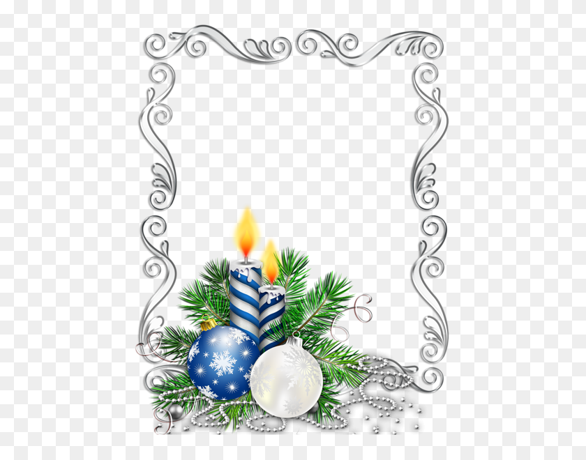 464x600 Large Transparent Silver Christmas Photo Frame With Blue Candles - Silver Border PNG