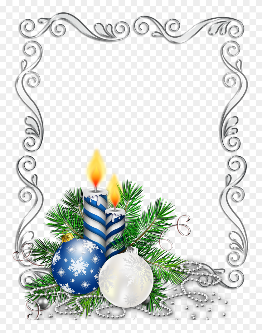 3800x4916 Large Transparent Silver Christmas Photo Frame With Blue Candles - Christmas Frame PNG
