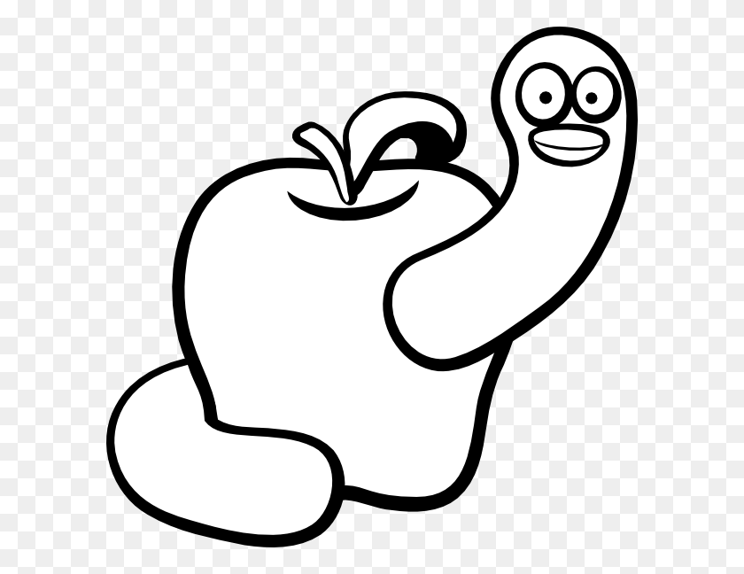 600x588 Lineart Apple Worm Clip Art - Bookworm Clipart Black And White