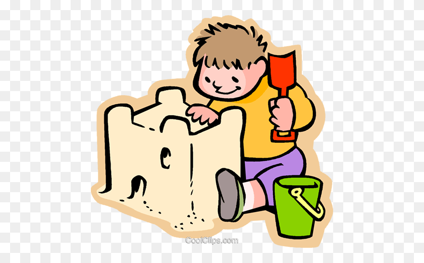 480x460 Little Boy Building A Sand Castle Royalty Free Vector Clip Art - Sharing Toys Clipart