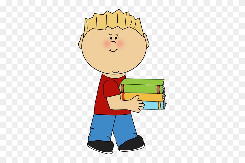 303x500 Little Boy Carrying A Stack Of Books Clip Art - School Books Clipart