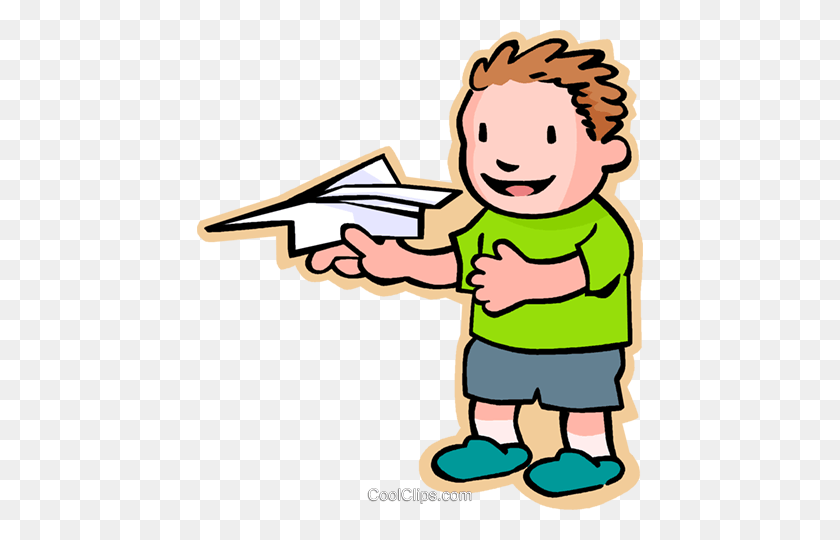 446x480 Little Boy With A Paper Plane Royalty Free Vector Clip Art - Paper Airplane Clipart