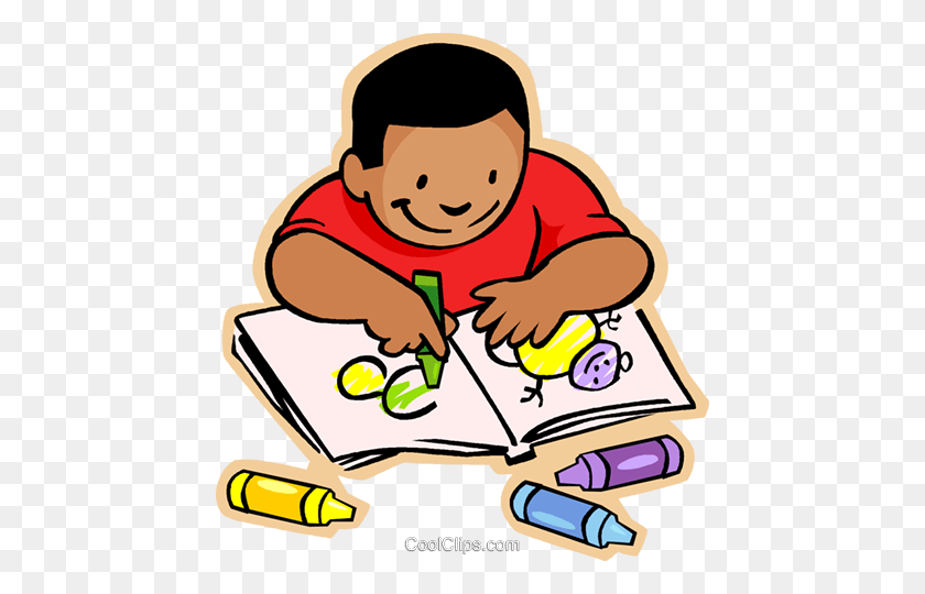 448x480 Little Boy With Crayons And Coloring Book Royalty Free Vector Clip - Free Crayon Clipart