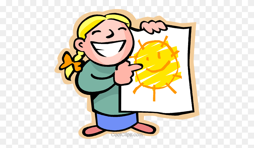 480x431 Little Girl With A Happy Sun Drawing Royalty Free Vector Clip Art - Girl Waving Clipart