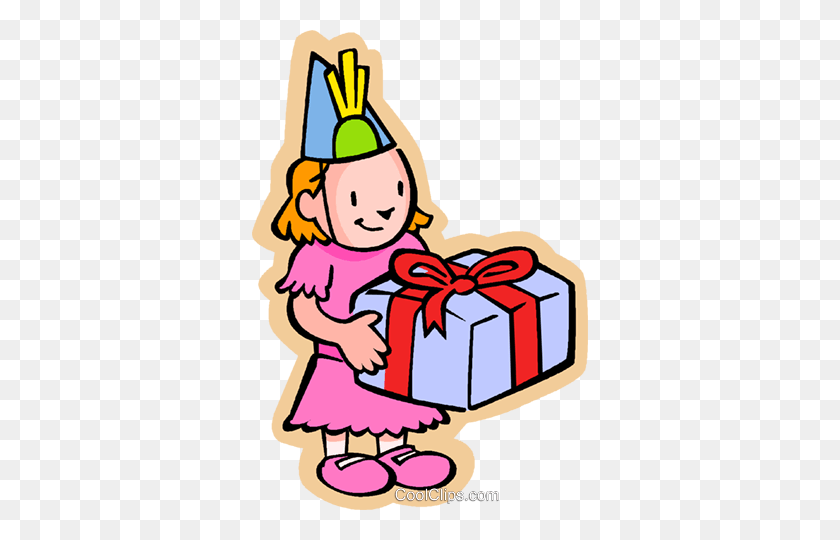 336x480 Маленькая Девочка С Подарком На День Рождения Роялти-Фри Векторный Клипарт - Подарок На День Рождения Клипарт