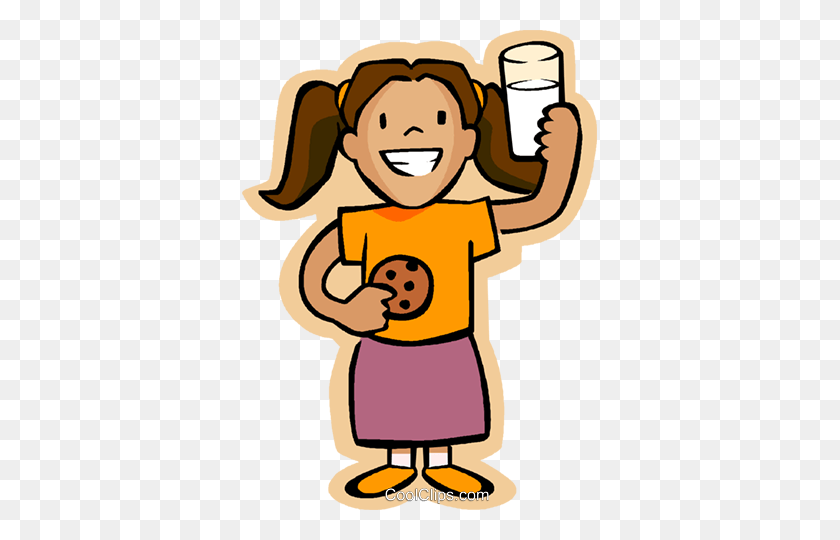 355x480 Little Girl With Milk And Cookie Royalty Free Vector Clip Art - Latte Clipart