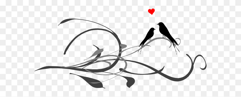 600x281 Love Birds On A Branch Black And Grey Png, Clip Art For Web - Bird Clipart PNG