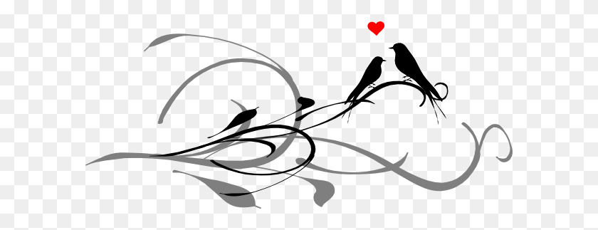 600x263 Love Birds On A Branch Black Dark Grey Clip Art - Love Birds Clipart
