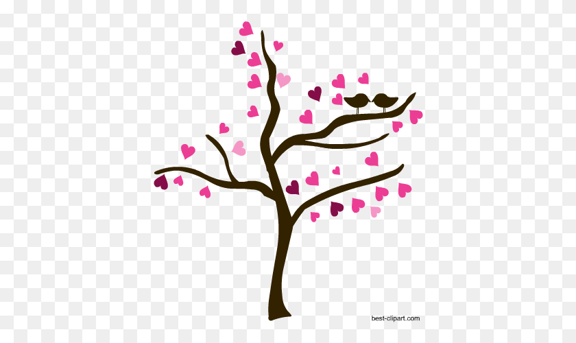 394x440 Love Birds On A Tree, Free Valentine Clip Art - Tree Free Clipart