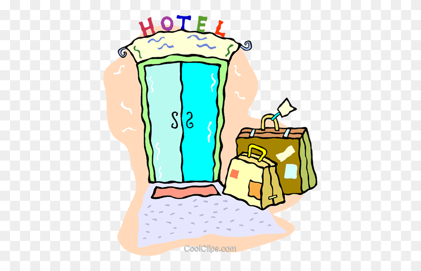 427x480 Luggage Sitting Outside Of A Hotel Royalty Free Vector Clip Art - Outside Clipart
