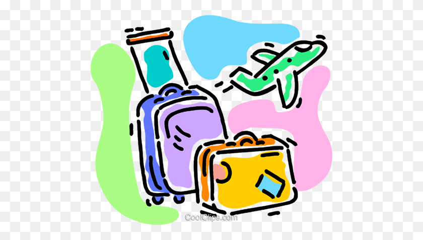 480x416 Luggage With An Airplane Taking Off Royalty Free Vector Clip Art - Plane With Banner Clipart